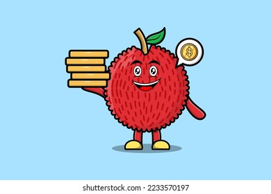 Cute cartoon Lychee character holding in stacked gold coin vector illustration