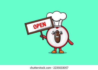 Cute cartoon Lychee character holding open sign board designs in concept flat cartoon style