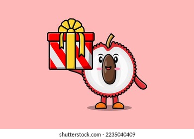 Cute cartoon Lychee character holding gift box in vector icon illustration