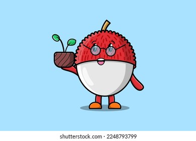 Cute cartoon Lychee character holding clock illustration with happy expression