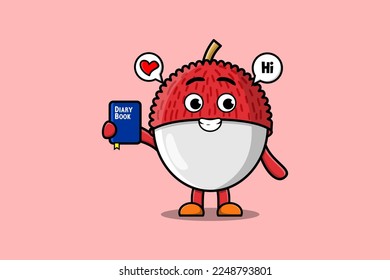 Cute cartoon Lychee character holding diary book illustration with happy expression