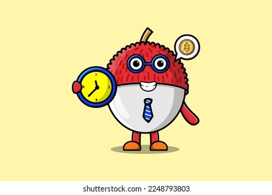 Cute cartoon Lychee character holding clock illustration with happy expression