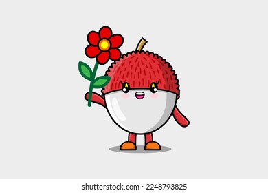 Cute Cartoon Lychee Figur mit roter Blume im Stil des Konzepts 3d Cartoons