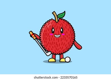 Cute Cartoon Lychee Charakter Golf spielen in Concept-Flachbild-Cartoon-Stil Illustration