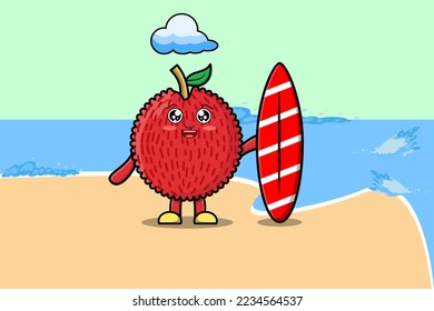 Cute cartoon Lychee character playing surfing with surfing board