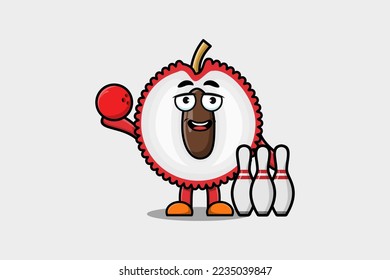 Cute cartoon Lychee character playing bowling in flat modern style design illustration