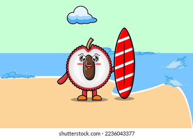 Cute cartoon Lychee character playing surfing with surfing board