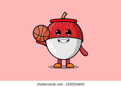 Cute cartoon Lychee character playing basketball in flat modern style design illustration