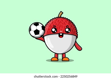 Caricatura ligera del personaje de Lychee jugando al fútbol en una ilustración de estilo caricatura plana