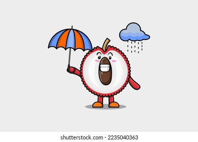Cute cartoon Lychee character in the rain and using an umbrella in flat modern style design