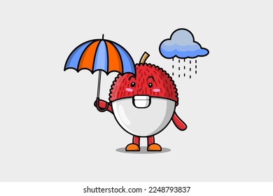 Cute cartoon Lychee character in the rain and using an umbrella in flat modern style design