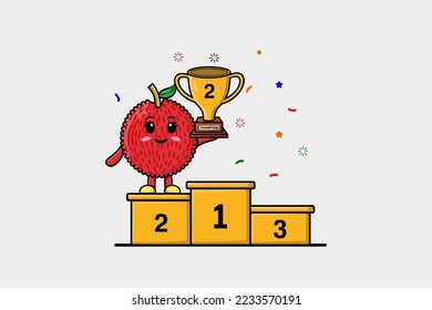 Cute cartoon Lychee character as the second winner with happy expression in modern illustration