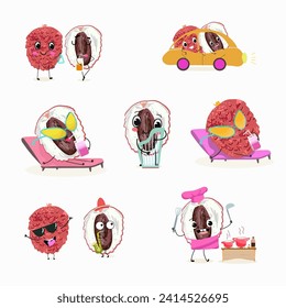 Cute cartoon lychee character set, collection. Flat vector illustration. Activities, playing musical instruments, sports, funny fruits.