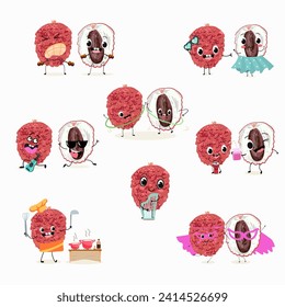 Cute cartoon lychee character set, collection. Flat vector illustration. Activities, playing musical instruments, sports, funny fruits.