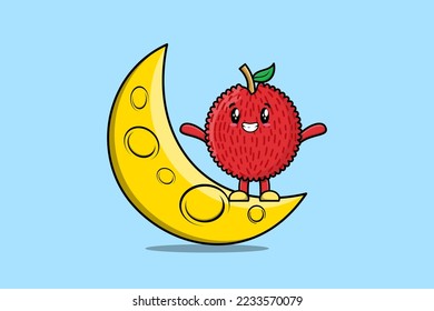Cute cartoon Lychee character standing on the crescent moon in 3d modern design illustration