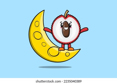 Cute cartoon Lychee character standing on the crescent moon in 3d modern design illustration