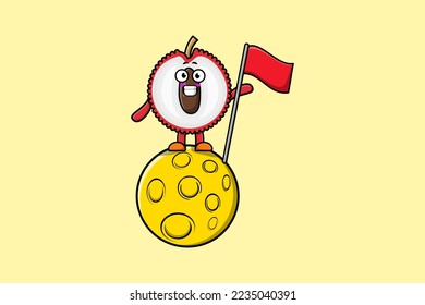 Cute cartoon Lychee character standing on the moon with flag in 3d modern design illustration