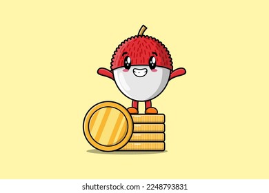 Caricatura corta Caricatura de Lychee de pie en una ilustración vectorial de monedas de oro apiladas en caricatura plana
