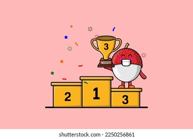 Cute cartoon Lychee character as the third winner with happy expression in modern illustration