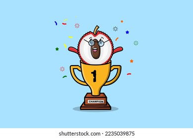 Cute cartoon Lychee character in trophy in concept flat cartoon style in modern illustration