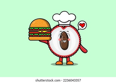 Caricatura corta personaje de un chef de Lychee sosteniendo una hamburguesa en una ilustración de estilo caricatura plana