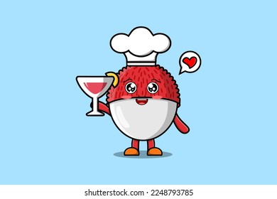 Cute cartoon Lychee chef character holding wine glass flat cartoon style illustration