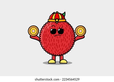 Cute cartoon Lychee chinese character holding coin in vector icon illustration