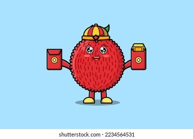 Cute cartoon Lychee chinese character holding red packets vector icon illustration