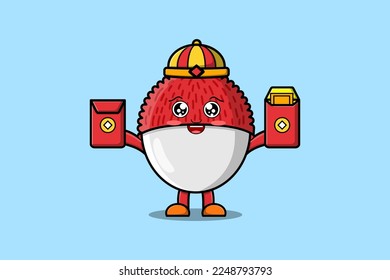 Cute cartoon Lychee chinese character holding red packets vector icon illustration