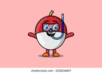 Cute cartoon Lychee diver with swimming glass in flat modern style design