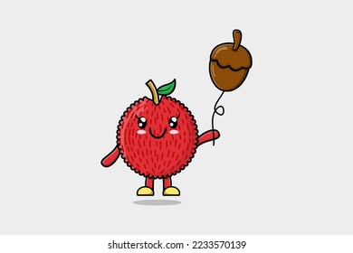 Cute cartoon Lychee floating with acorn balloon cartoon vector illustration