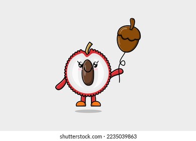 Cute cartoon Lychee floating with acorn balloon cartoon vector illustration