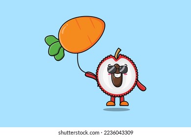 Dibujo lindo Lychee flotando con globo de zanahoria en ilustración vectorial plana