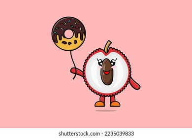 Cute cartoon Lychee floating with donuts balloon cartoon vector illustration