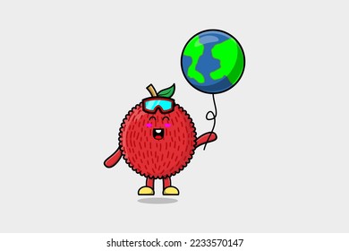 Cute cartoon Lychee floating with earth balloon cartoon vector illustration