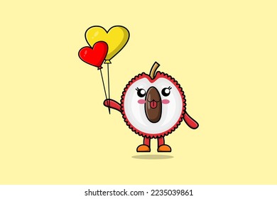 Cute cartoon Lychee floating with love balloon cartoon vector illustration