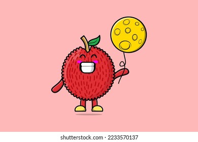 Cute cartoon Lychee floating with moon balloon cartoon vector illustration