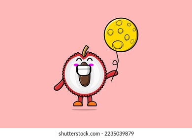 Cute cartoon Lychee floating with moon balloon cartoon vector illustration