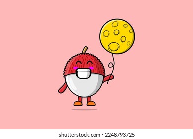 Cute cartoon Lychee floating with moon balloon cartoon vector illustration