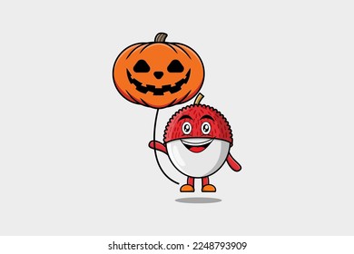 Cute cartoon Lychee floating with pumpkin halloween balloon in flat cartoon icon illustration