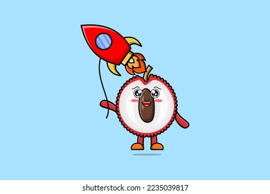 Cute cartoon Lychee floating with rocket balloon cartoon vector illustration