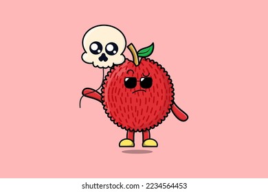 Cute cartoon Lychee floating with skull balloon in flat cartoon vector icon illustration