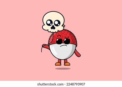 Cute cartoon Lychee floating with skull balloon in flat cartoon vector icon illustration