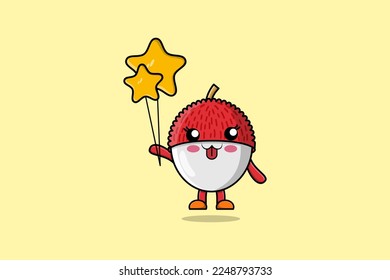 Cute cartoon Lychee floating with star balloon cartoon vector illustration