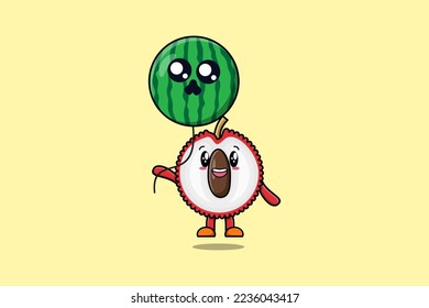 Cute cartoon Lychee floating with watermelon balloon in flat cartoon vector icon illustration