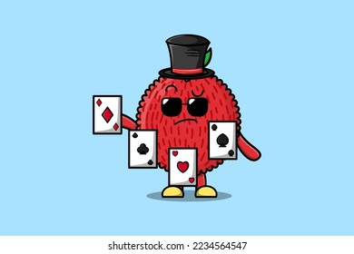 Cute cartoon Lychee magician character playing magic cards in flat cartoon style illustration