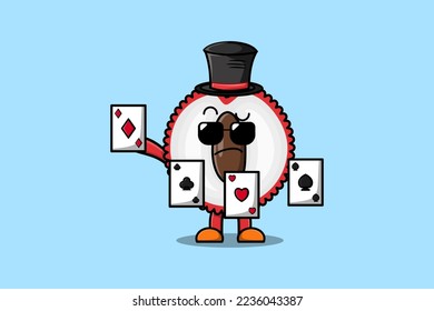 Cute cartoon Lychee magician character playing magic cards in flat cartoon style illustration