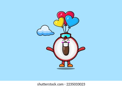 Cute cartoon Lychee mascot is skydiving with balloon and happy gesture cute modern style design