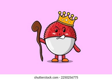 Cute Cartoon Lychee Maskottchen als weiser König mit goldener Krone und Holzkastengrafik