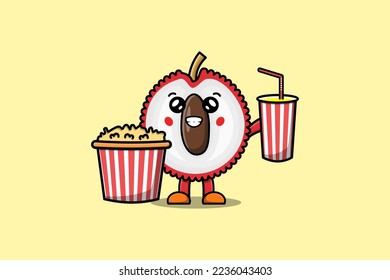 Cute cartoon Lychee with popcorn and drink ready to watching film in cinema